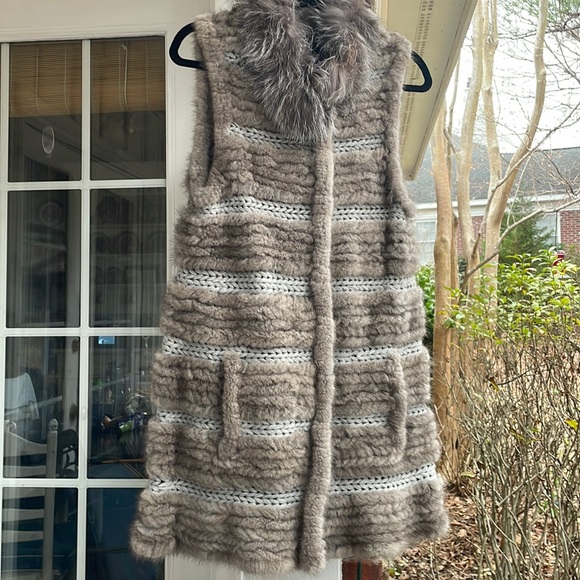 Belle Fare Chunky Knit Real Iris Mink Fur Silver Fox Collar Vest preowned - Picture 5 of 13